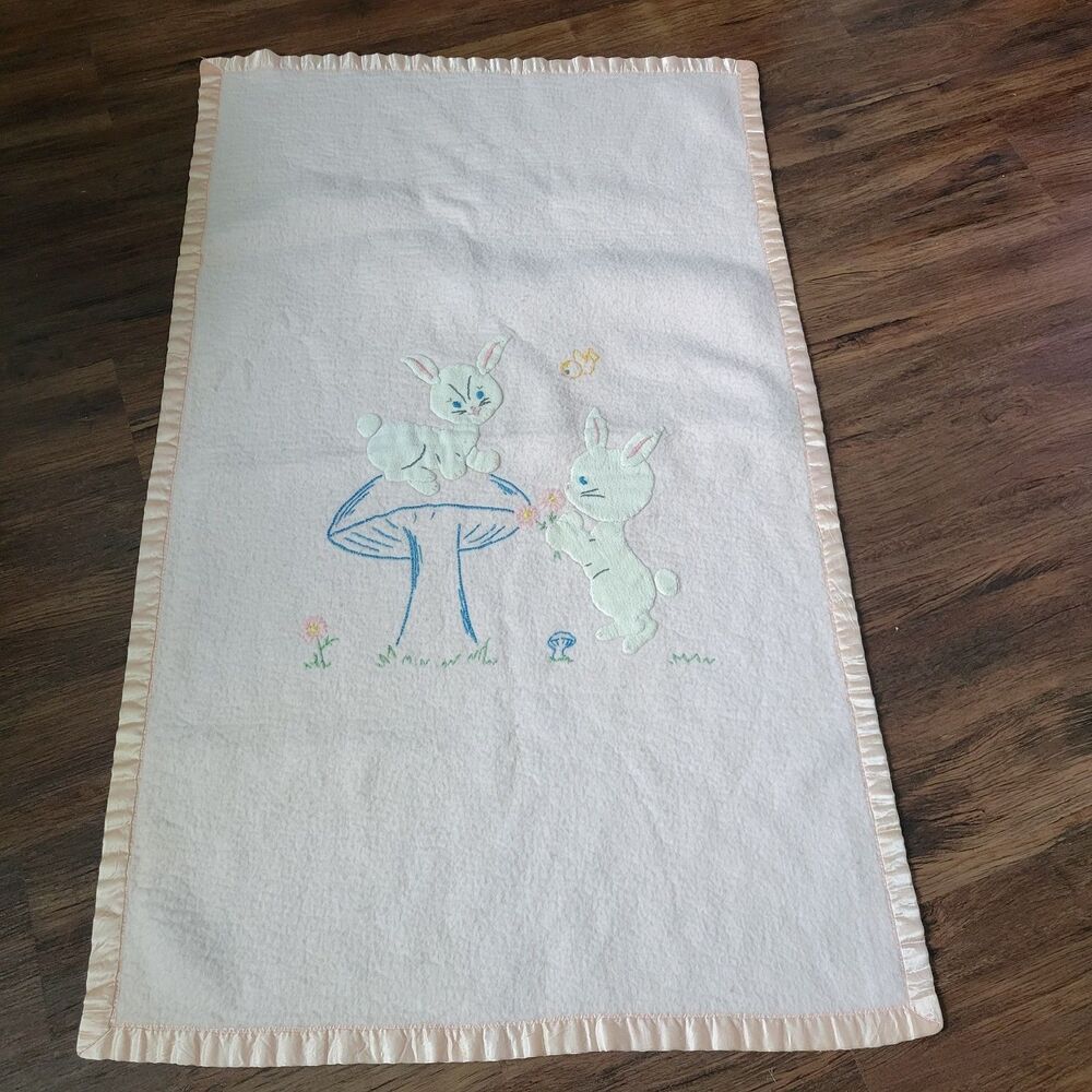 Vintage Pastel Pink Baby Blanket Applique Bunnies Mushroom Bird flower satin tri